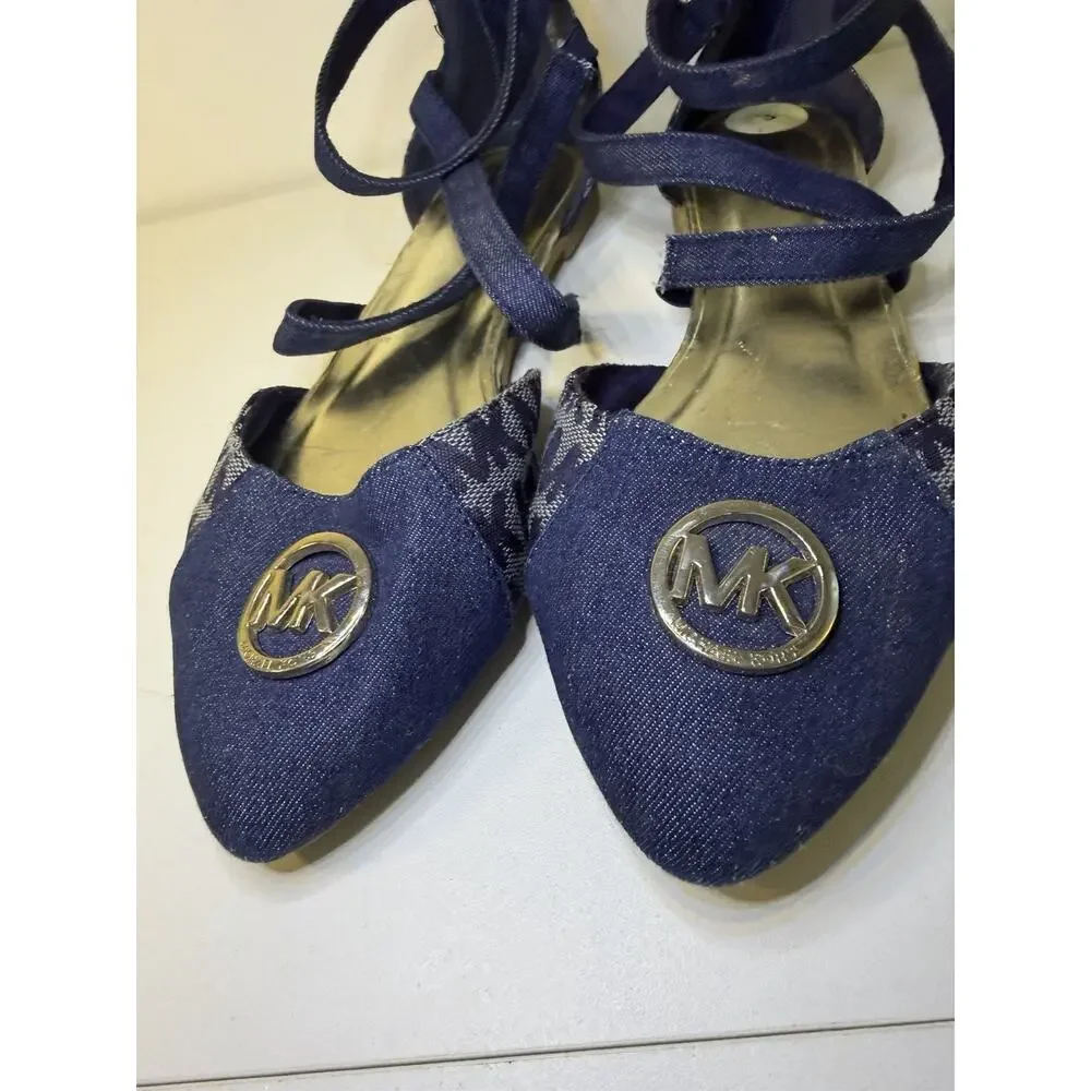 Michael Kors Denim Flats Girls 3 Navy MK Logo Monogram Strappy Point Toe Shoes